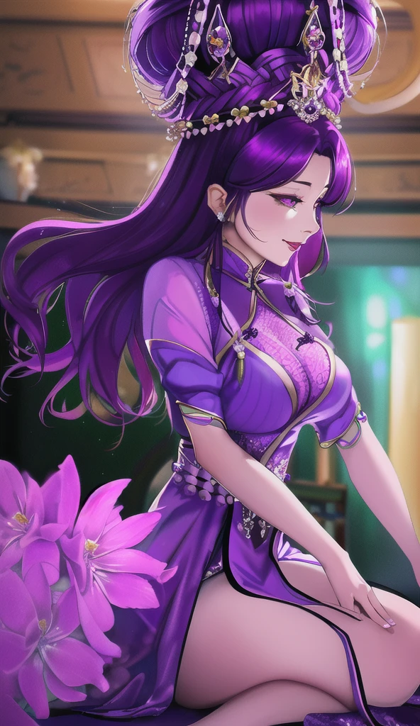 A close-up of a person in purple costume and purple hair, seductive princess knight, beautiful woman with violet skin, giggling character, ultra-detailed fantasy character, Yunling, full body fairy, Hirase Jinyao, beautiful and elegant queen, portrait of the queen, beautiful woman with gorgeous robes,