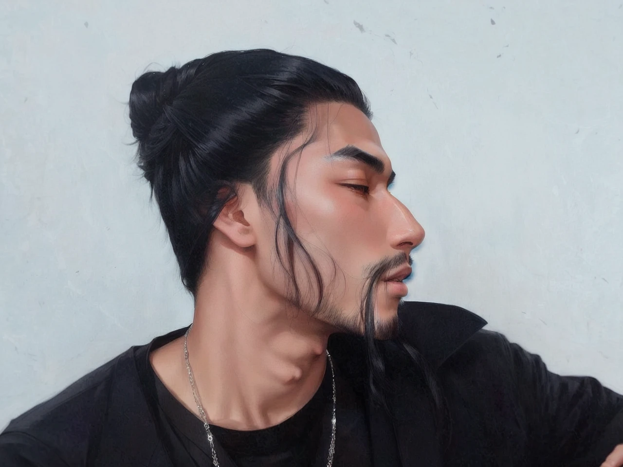 Attractive Asian man with sharp features with long black hair as a vampire