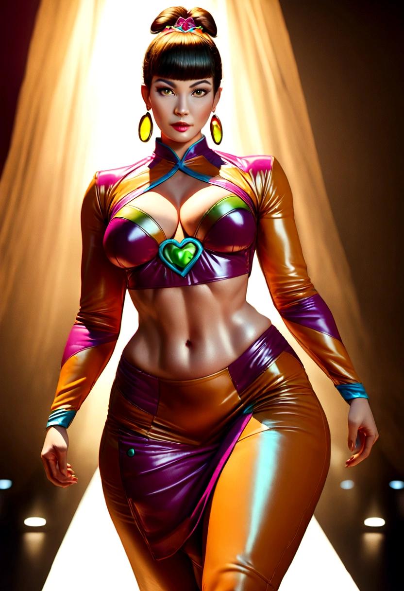 a beautiful, extremely curvy cosplay fashion model with a flat muscular stomach, dressed as Velma from Scooby Doo, walking down a runway, highly detailed face and features, long eyelashes, character expression, detailed costume, wide hips, dramatic lighting, photorealistic, 8k, cinematic, professional studio, intricate details, vivid colors