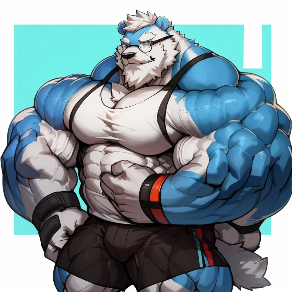 solo, 1boy, Huge Muscular Antarctic Polar Bear wearing glasses, huge white fur, pectoral, huge pectoral, wide pectoral, short white hair, blue colored short pants, blue colored wristbands and blue colored tank top, white bearded, white Mustache, white fur, simple background, masterpiece, high detailed, 8k, high resolution, at the gym, flexes huge muscles