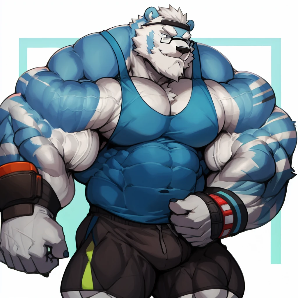 solo, 1boy, Huge Muscular Antarctic Polar Bear wearing glasses, huge white fur, pectoral, huge pectoral, wide pectoral, short white hair, blue colored short pants, blue colored wristbands and blue colored tank top, white bearded, white Mustache, white fur, simple background, masterpiece, high detailed, 8k, high resolution, at the gym, flexes huge muscles