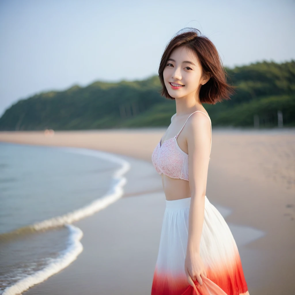 beautiful korean girl, Chest size 34 inches, Wear sleeveless, light skirt, sunrise beach red light. beautiful pretty woman look , wearing a light skirt , Go far into the sea water and dip your toes., Short medium hair blowing in the wind, 1 woman, beautiful eyes, a little smile, Full body photo from a distance with a wide angle lens