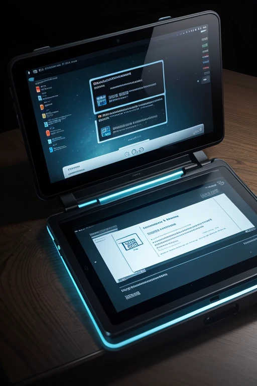 2. Portable Hacking Tool Visual Description: A compact tablet with multiple ports and connection cables, displaying programming codes and security graphics on the screen.
