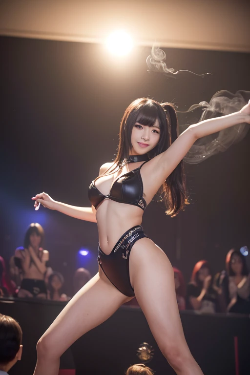 (((Masterpiece,highest quality,Ultra-high resolution))),(((Highest quality,8K,16K,Hyper Quality))),((Japanese,One girl,Idol)),(slender,Large Breasts,F Cup,Narrow waist,Tight ass,Long, slender legs),((Captivating the audience with cosplay of game characters on the special stage at the game show)),((Special venue,indoor,Giant screen,Gorgeous lighting,Smoke effects)),looking at the camera,smile,Seductive gestures,
