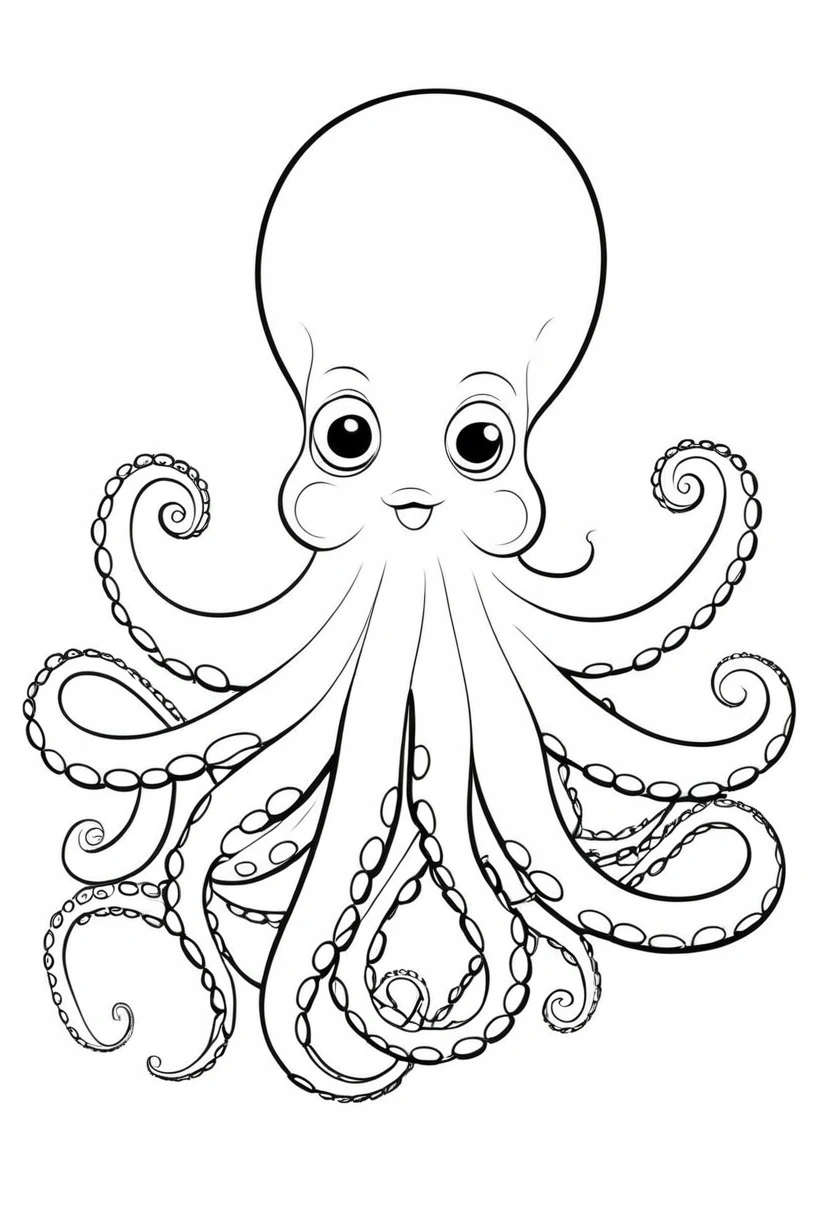 coloring page for kids, octopus , thick lines, drawing, white background