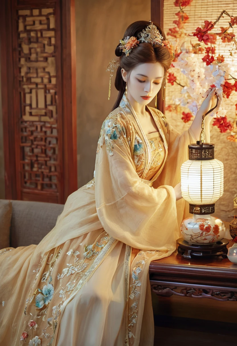 best quality,Masterpiece,height,(Exquisite body:1.5),beautiful face,(Milky skin:1.3),complicated details,high resolution,Wallpaper,1 girl,alone,set,decorationsผม,(((gold and red set))),flower,long hair,brown hair,gag,decorations,long sleeve,wide arms,Big eyes,floating hair,Chinese clothes,Hanfu,Embroidery work,long skirt,Natural posture,petals falling,indoor,blow,lamp,16K,HDR,height,Insight field,(Film texture:1.1),book,golden hour,(lens flare),short article,rainbow,(Color grading:1.5),(big breasts:1.2),(upper body:1.3),look at viewer,