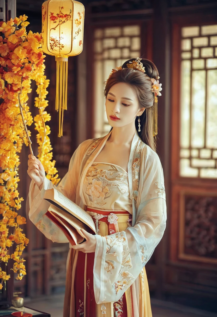 best quality,Masterpiece,height,(Exquisite body:1.5),beautiful face,(Milky skin:1.3),complicated details,high resolution,Wallpaper,1 girl,alone,set,decorationsผม,(((gold and red set))),flower,long hair,brown hair,gag,decorations,long sleeve,wide arms,Big eyes,floating hair,Chinese clothes,Hanfu,Embroidery work,long skirt,Natural posture,petals falling,indoor,blow,lamp,16K,HDR,height,Insight field,(Film texture:1.1),book,golden hour,(lens flare),short article,rainbow,(Color grading:1.5),(big breasts:1.2),(upper body:1.3),look at viewer,