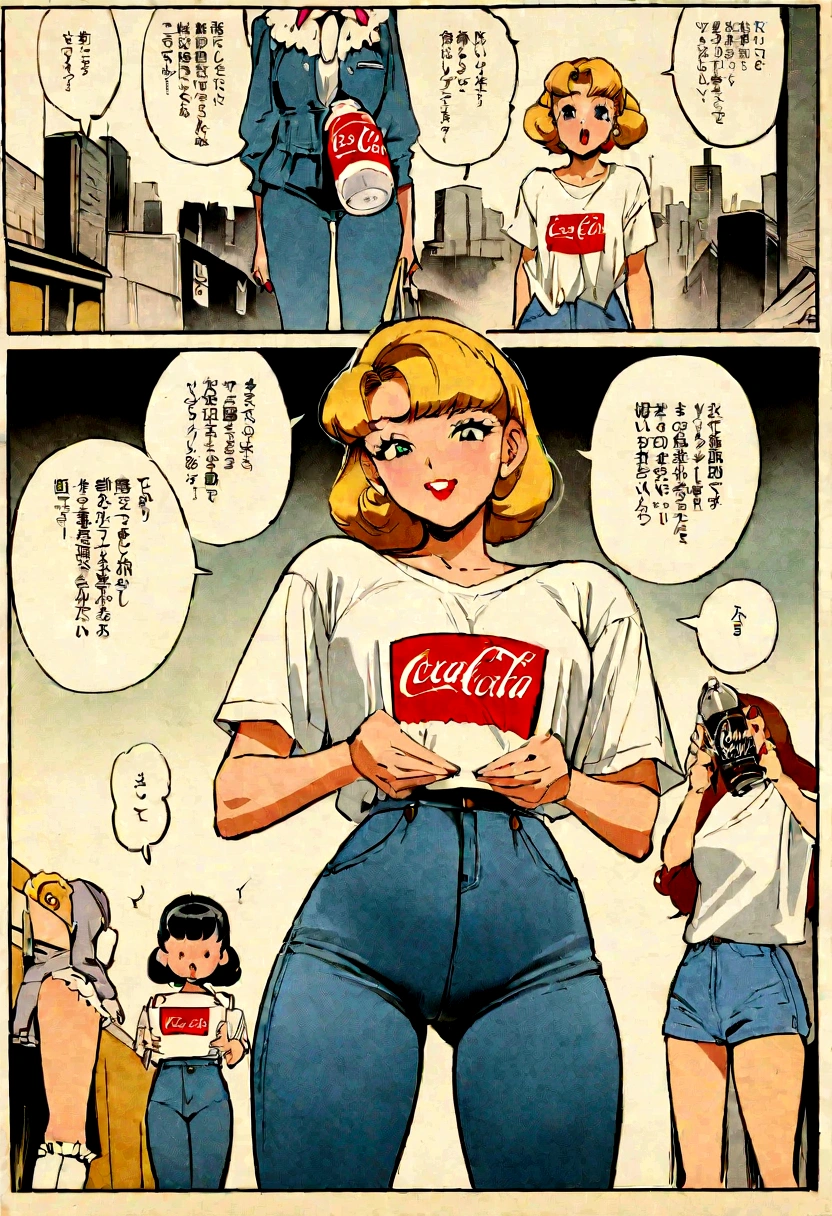 (vintage),(Retro),(Cartel), Coca Cola advertising with two perfect girls, clothing oversized blue jeans and white t-shirt with open waist(sexy), military environment, Masterpiece, comics(tokyo city) (1990)