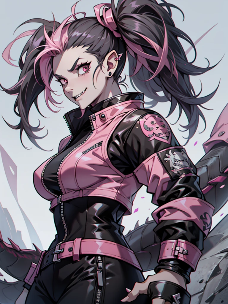 grey skin, half dragon female, with black hair pigtails style, with pink streaks, sharp teeth, biker outfit.