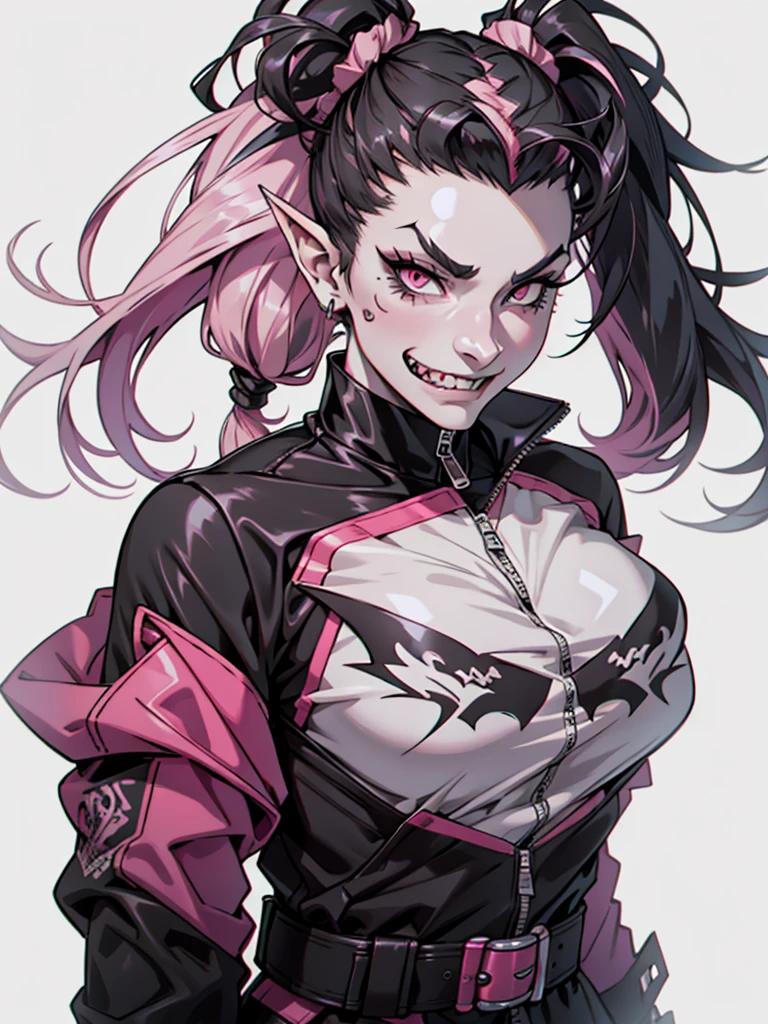 grey skin, half dragon female, with black hair pigtails style, with pink streaks, sharp teeth, biker outfit.