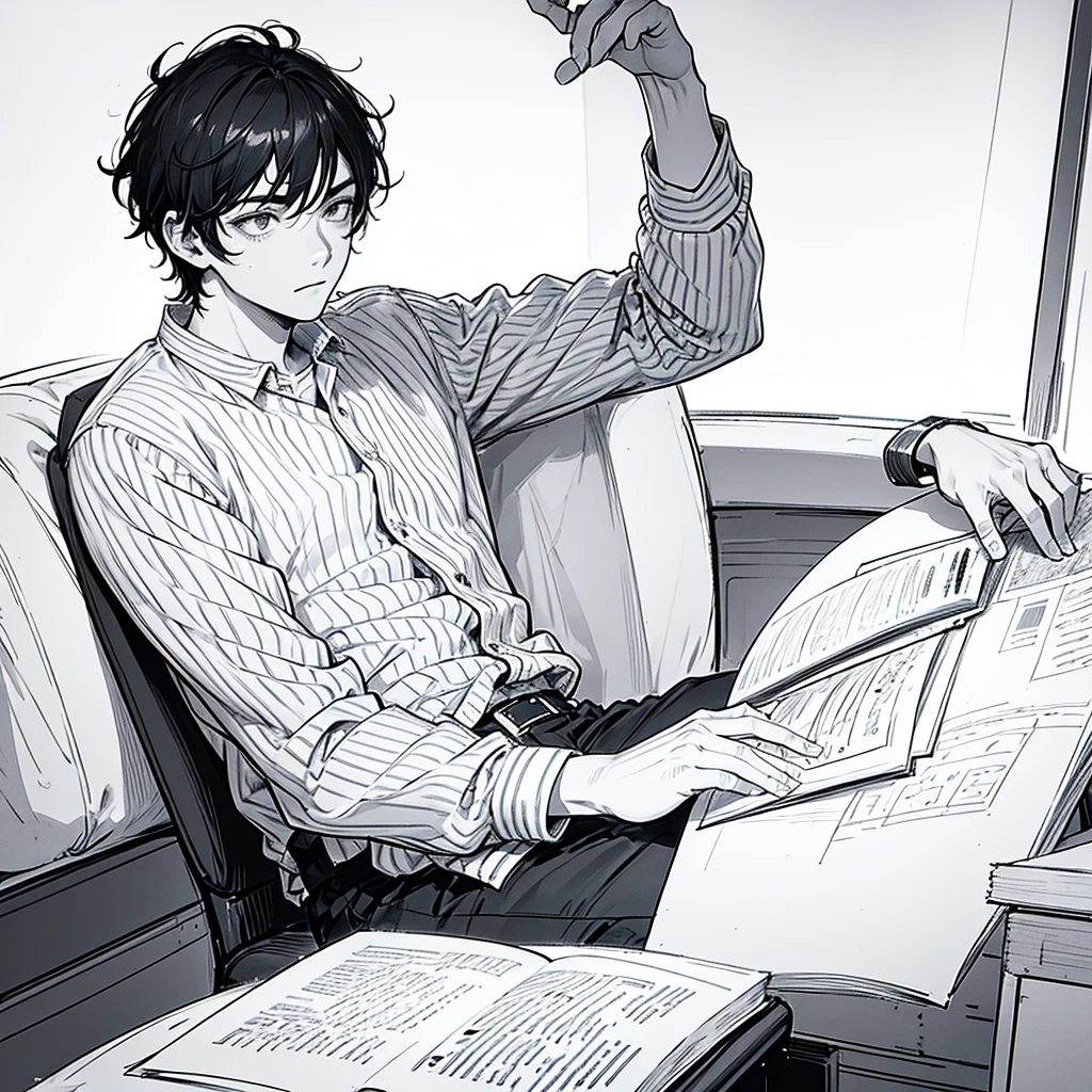 black hair, young man sitting and reading, tired and listless expression,sketch, line art, picture from the front, first-person view, anatomically correct, award winning