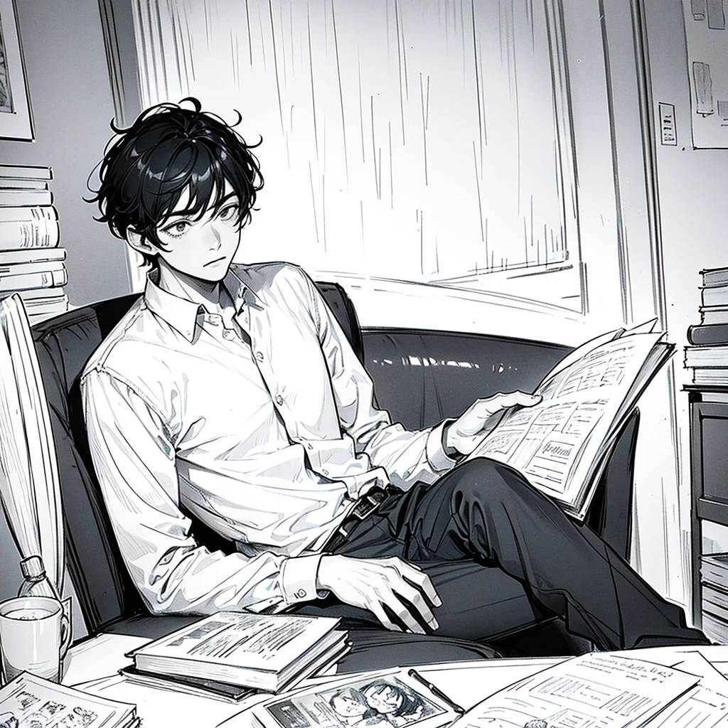 black hair, young man sitting and reading, tired and listless expression,sketch, line art, picture from the front, first-person view, anatomically correct, award winning