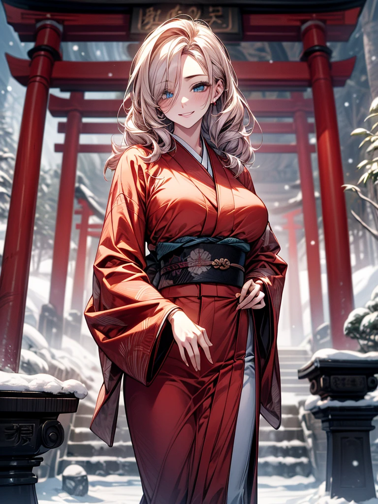 (masterpiece, best quality:1.2), (high resolution, 8K RAW photo, photo realistics, clear focus), (natural lighting, textile shading), pov, solo, face focus, 1 matured woman, 28 years old, (milf:1.5), raised sexy, New Year's visit, put your hand together, praying for happiness, closed eyes, smile, light Purple hair, medium long hair, hair over one eye, asymmetric hair, half updo hair, wavy hair, blue eyes, japanese clothes, kimono, at ZEN garden in Japanese temple, in front of torii gate, in winter, snowy ground with fallen snow, snowflakes, depth of field, bokeh, dynamic angle, from side above, (correct anatomy, ideal ratio of body proportions), in a night, under starry sky,