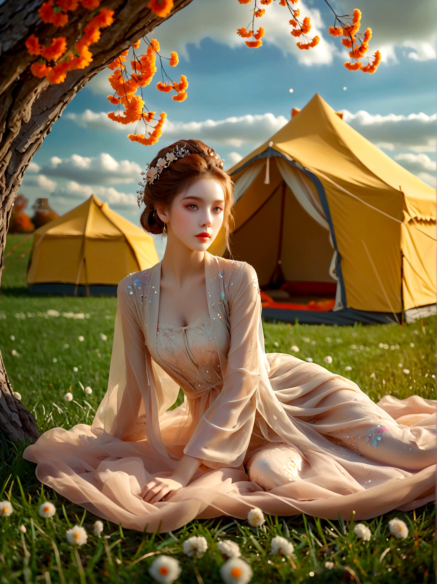 autumn, 1girl, ((beautiful eyes)), ((Perfect and refined limbs)), Sitting, on the grass, tent, flower, outdoor, Tree, landscape, daytime, Sky, cloud, Grass, Orange Blossom, White Flowers, nature, vague, safflower, (masterpiece, Best quality:1.2), lifelike, Reality, Dreamy light, Intricate details, Ultra Detailed, detail, High contrast, Beautiful and delicate light, Bright, more details, Fine light, very fine 8K CG wallpaper, Abuse of color difference, Very delicate light, glare, Light, Light Particles, reflection, Depth of Field, Soft colors, Surrealism, Romanticism, Classicism, anatomically correct, textured skin, award winning, 8K
