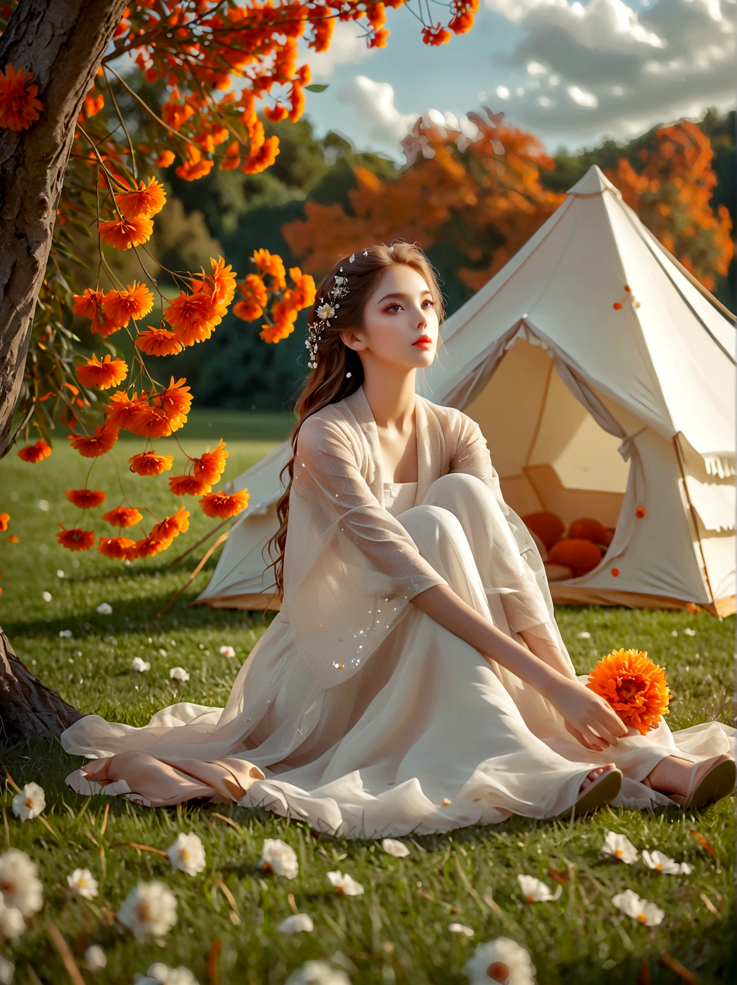 autumn, 1girl, ((beautiful eyes)), ((Perfect and refined limbs)), Sitting, on the grass, tent, flower, outdoor, Tree, landscape, daytime, Sky, cloud, Grass, Orange Blossom, White Flowers, nature, vague, safflower, (masterpiece, Best quality:1.2), lifelike, Reality, Dreamy light, Intricate details, Ultra Detailed, detail, High contrast, Beautiful and delicate light, Bright, more details, Fine light, very fine 8K CG wallpaper, Abuse of color difference, Very delicate light, glare, Light, Light Particles, reflection, Depth of Field, Soft colors, Surrealism, Romanticism, Classicism, anatomically correct, textured skin, award winning, 8K