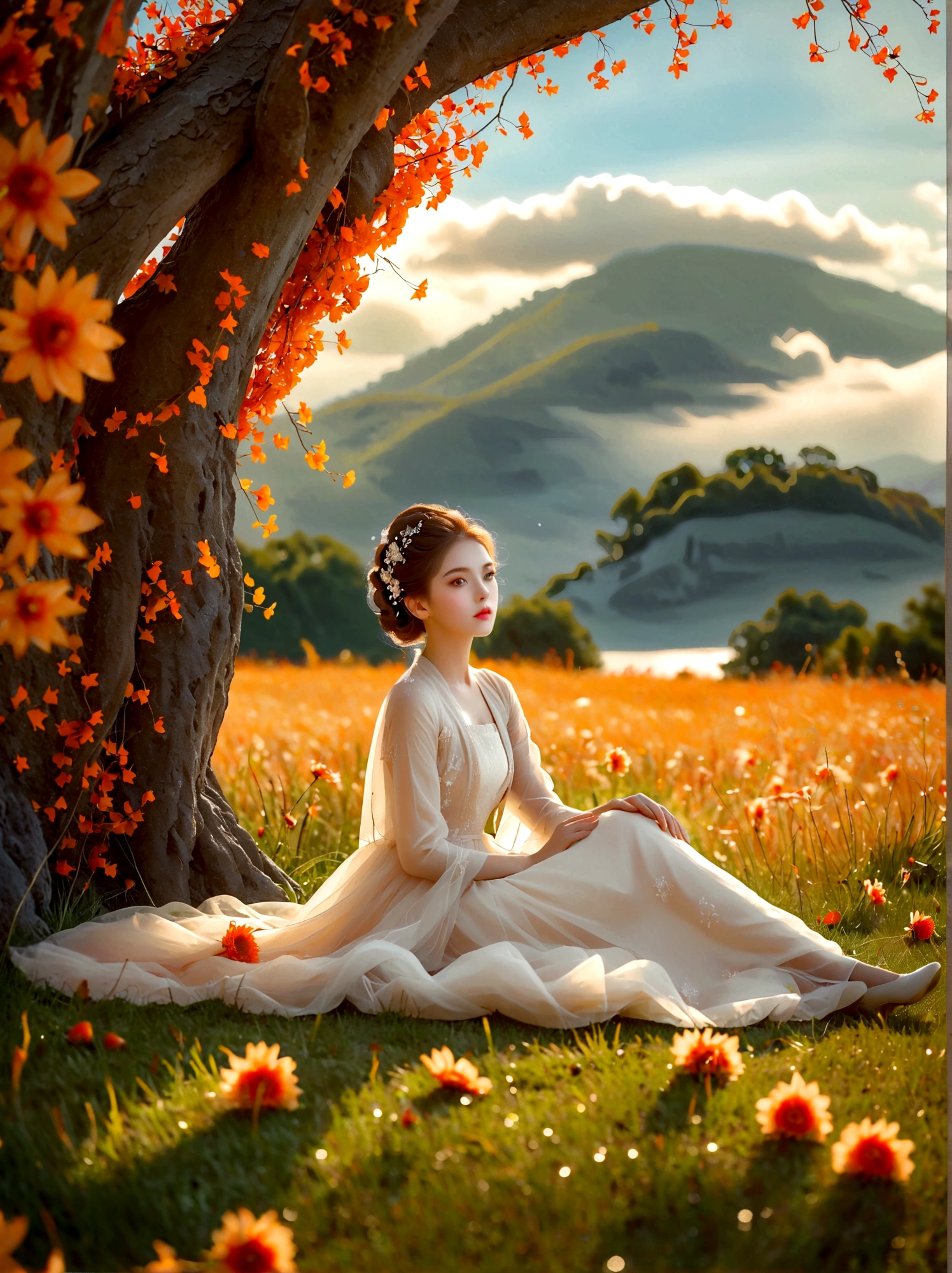 autumn, 1girl, ((beautiful eyes)), ((Perfect and refined limbs)), Sitting, on the grass, tent, flower, outdoor, Tree, landscape, daytime, Sky, cloud, Grass, Orange Blossom, White Flowers, nature, vague, safflower, (masterpiece, Best quality:1.2), lifelike, Reality, Dreamy light, Intricate details, Ultra Detailed, detail, High contrast, Beautiful and delicate light, Bright, more details, Fine light, very fine 8K CG wallpaper, Abuse of color difference, Very delicate light, glare, Light, Light Particles, reflection, Depth of Field, Soft colors, Surrealism, Romanticism, Classicism, anatomically correct, textured skin, award winning, 8K