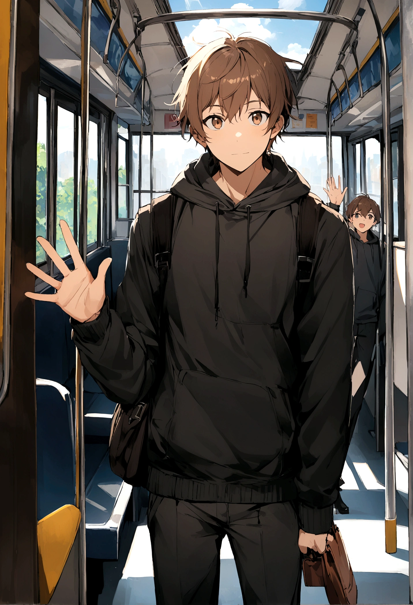 1boy, black hoodie, black pants, brown hair, looking a viewer, waving, standing on a bus