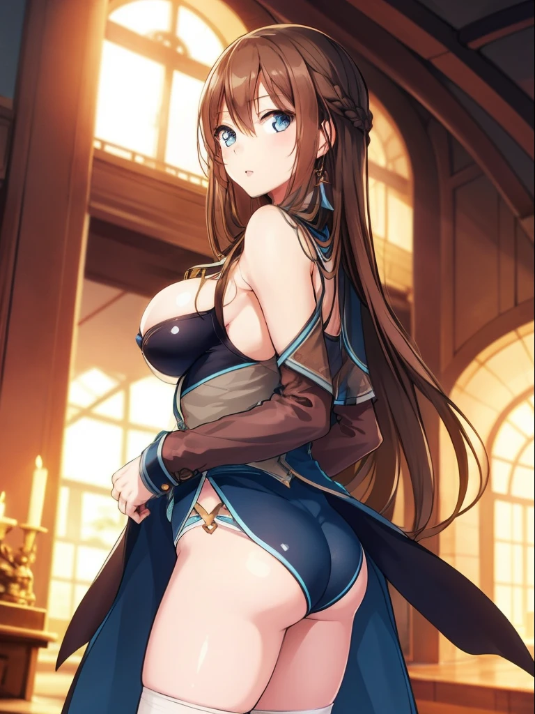 ultra detailed, with high quality, A girl , Brown hair, long hair, blue eyes and short and uncovered clothes, with very very large breasts and a big butt and a flat waist and abdomen.  