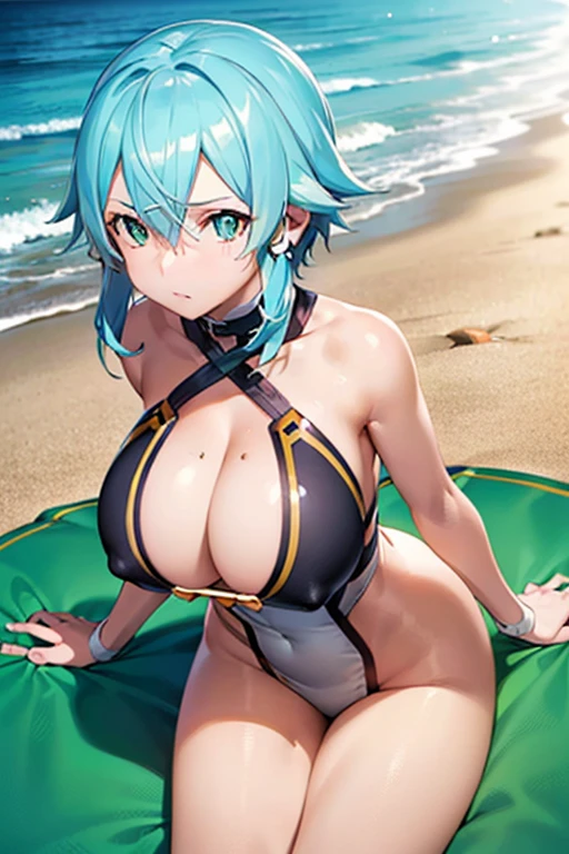 masterpIece, best qualIty, highres, 1gIrl,sInon1, , hair, forward, :, full,Nude, beach (masterpIece:1.2), best qualIty, , 8k wallpaper, (IllustratIon:0.8), (beautIful detaIled eyes:1.6), extremely detaIled face, perfect extremely detaIled CG, (perfect hands, perfect anatomy)Big Tits 、Big 、valley underboob big cleavage big hip