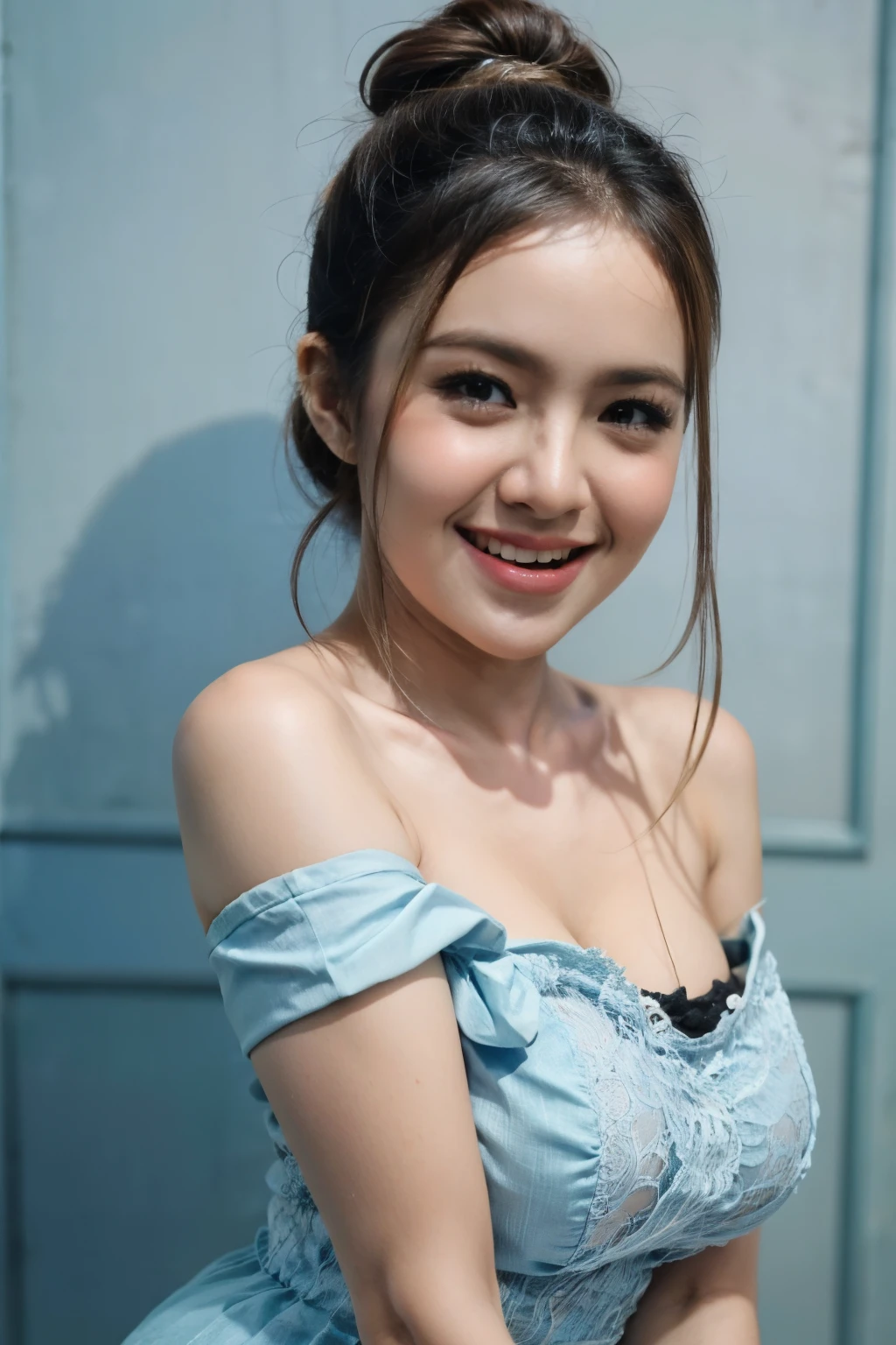 (Light Blue thin Strapless Dress), adorable, 1 girl, (face to face), 10 years old, baby face, happy, half body portrait, (face details: 1), (eye details:1), ((big breasts)). wearing transparent transparency long shirt, .. Cute posed. proportional body. Ultra High Res. realistic: 1.4, UHD, poke a bun Hairstyle , lace 