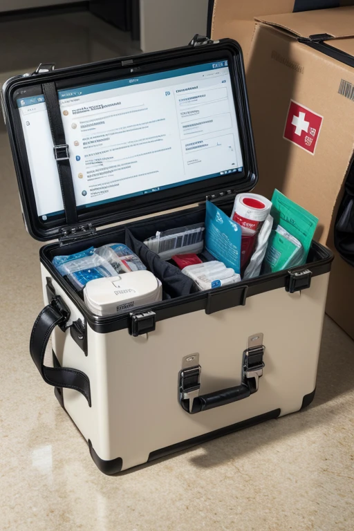 3. Advanced First Aid Kit Visual Description: A sturdy briefcase with organized compartments containing syringes, bandagens, portable medical devices and a small diagnostic panel.