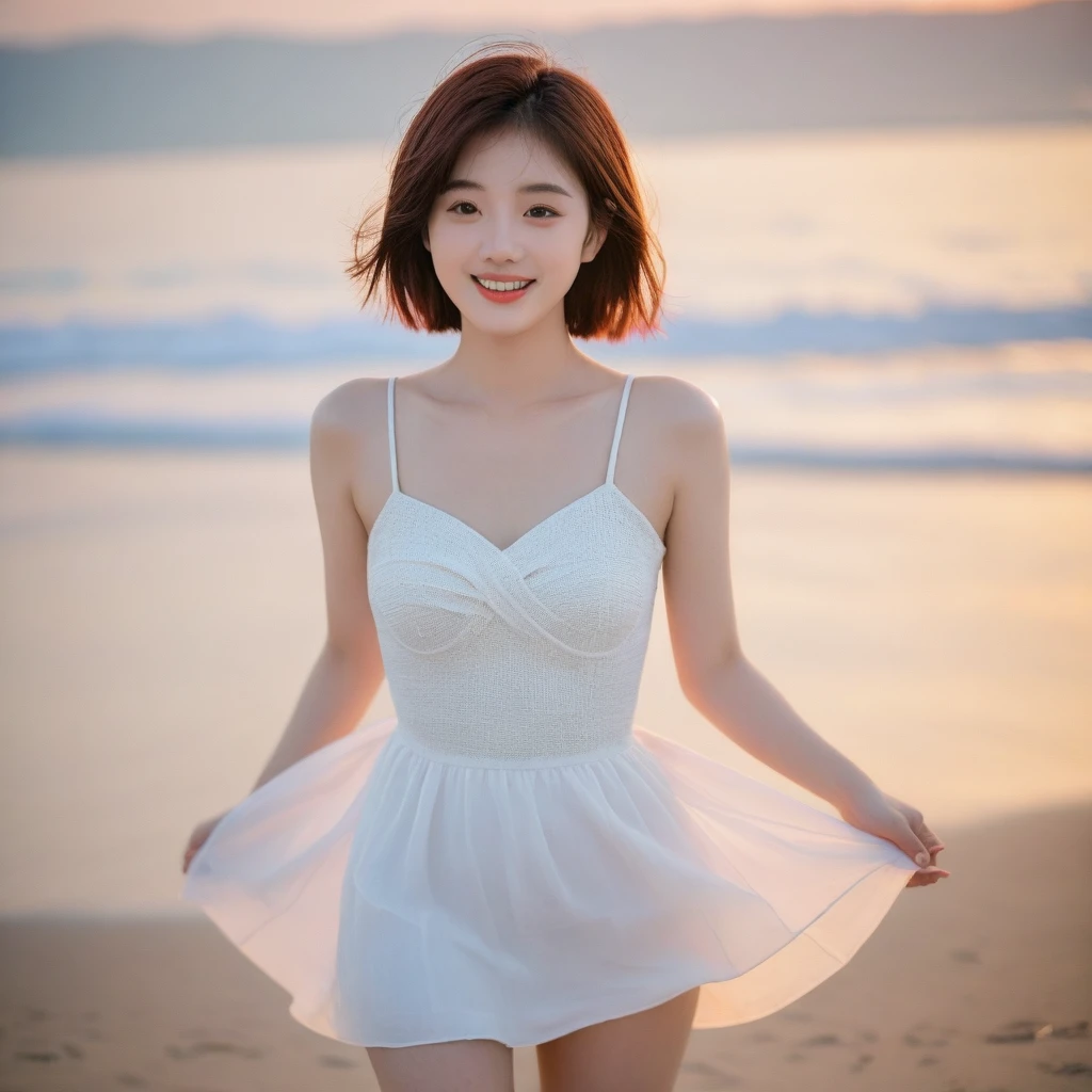 beautiful korean girl, Chest size 34 inches, Wear sleeveless, light skirt, red light all over the beach at sunset. beautiful pretty woman look , wearing a light skirt , Go far into the sea water and dip your toes., Short medium hair blowing in the wind, 1 woman, beautiful eyes, a little smile, Full body photo from a distance with a wide angle lens