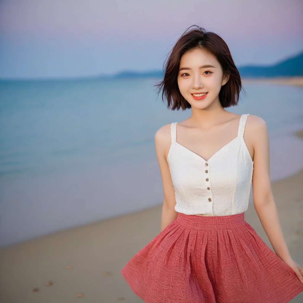 beautiful korean girl, Chest size 34 inches, Wear sleeveless, light skirt, red light all over the beach at sunset. beautiful pretty woman look , wearing a light skirt , Go far into the sea water and dip your toes., Short medium hair blowing in the wind, 1 woman, beautiful eyes, a little smile, Full body photo from a distance with a wide angle lens