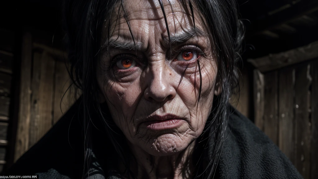Angry Satanic old hag inside a nasty old hut wearing a dirty black tattered cloak, wrinkled face with red eyes, black magic accessories, demonic, unholy, nasty, horor, tenebrosa, intricate design, and details, dramatic lighting, photorrealistic, cinematic,
Style by Gabriele Dell&#39;otto, Middle of the AI Journey, bright saturated colors, water colour, oil paintings,   hdr, 500 pixels, 4K,