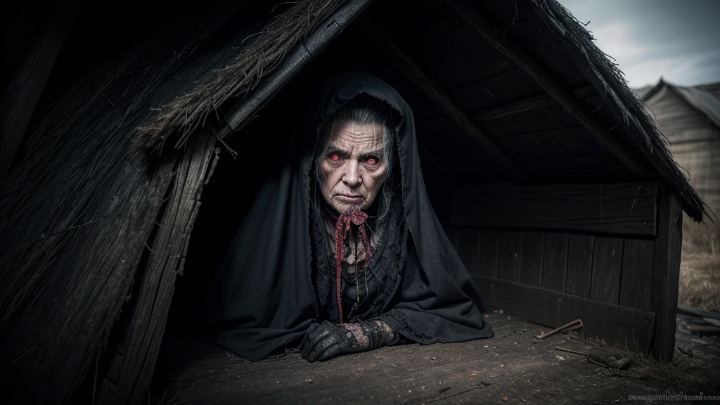 Angry Satanic old hag inside a nasty old hut wearing a dirty black tattered cloak, wrinkled face with red eyes, black magic accessories, demonic, unholy, nasty, horor, tenebrosa, intricate design, and details, dramatic lighting, photorrealistic, cinematic,
Style by Gabriele Dell&#39;otto, Middle of the AI Journey, bright saturated colors, water colour, oil paintings,   hdr, 500 pixels, 4K,