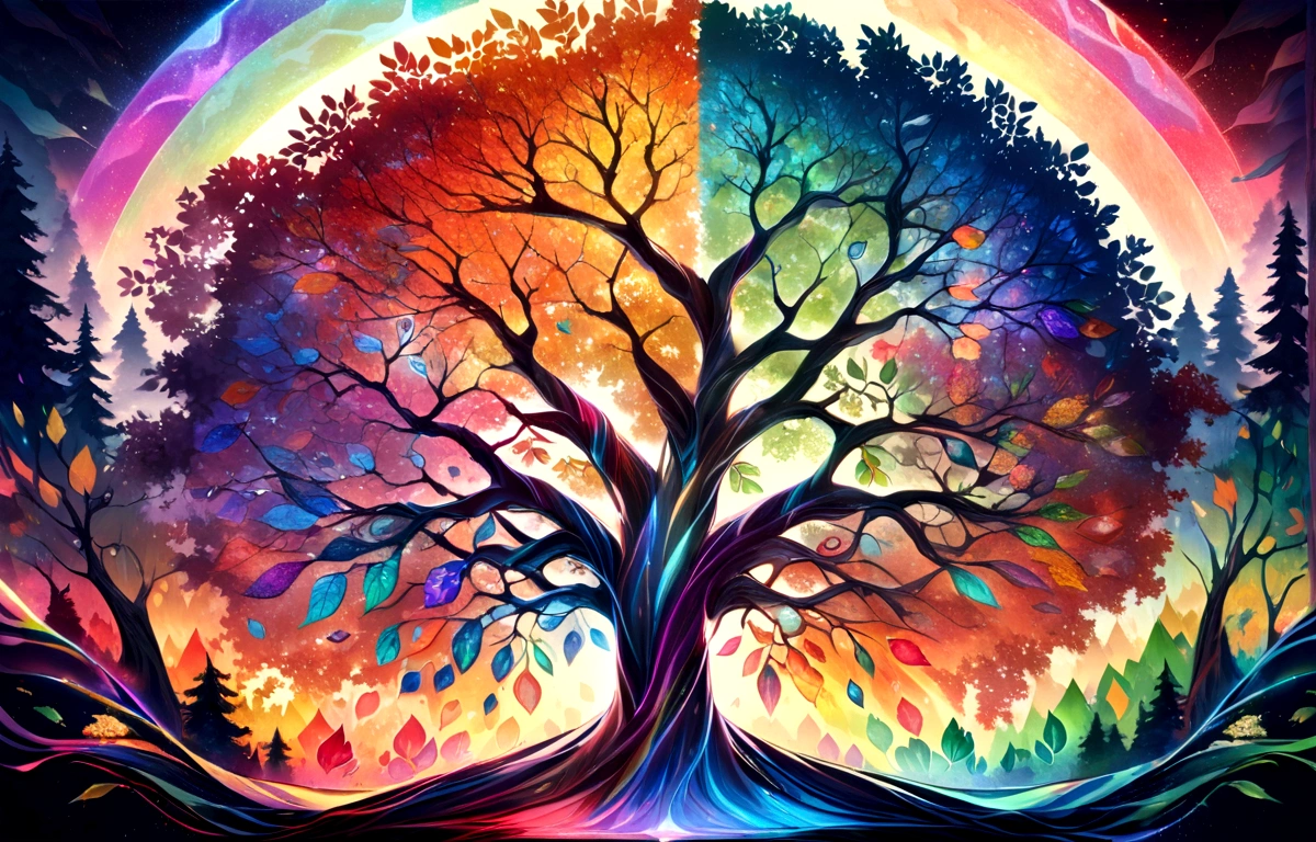 horizontal hyperrealistic tree colorful leaves, rainbow leaves, painted in oil, Tree of Life, abstract shapes