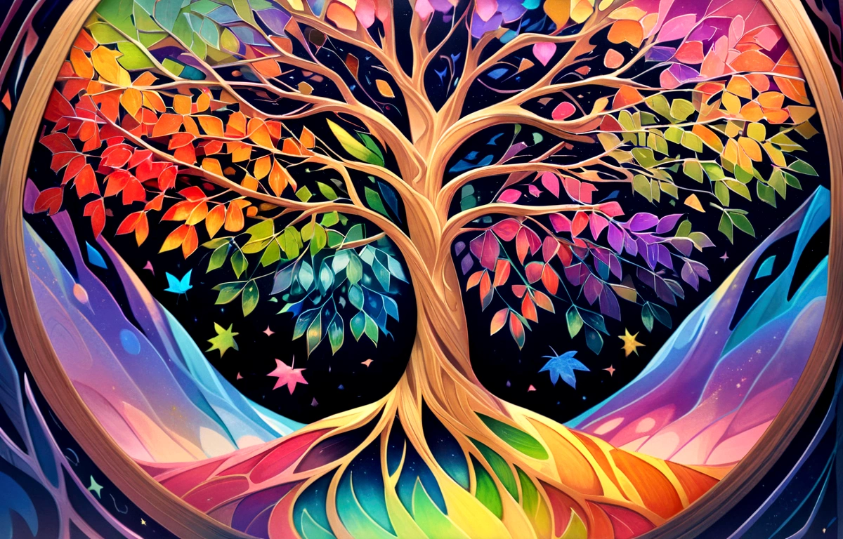 horizontal hyperrealistic tree colorful leaves, rainbow leaves, painted in oil, Tree of Life, abstract shapes