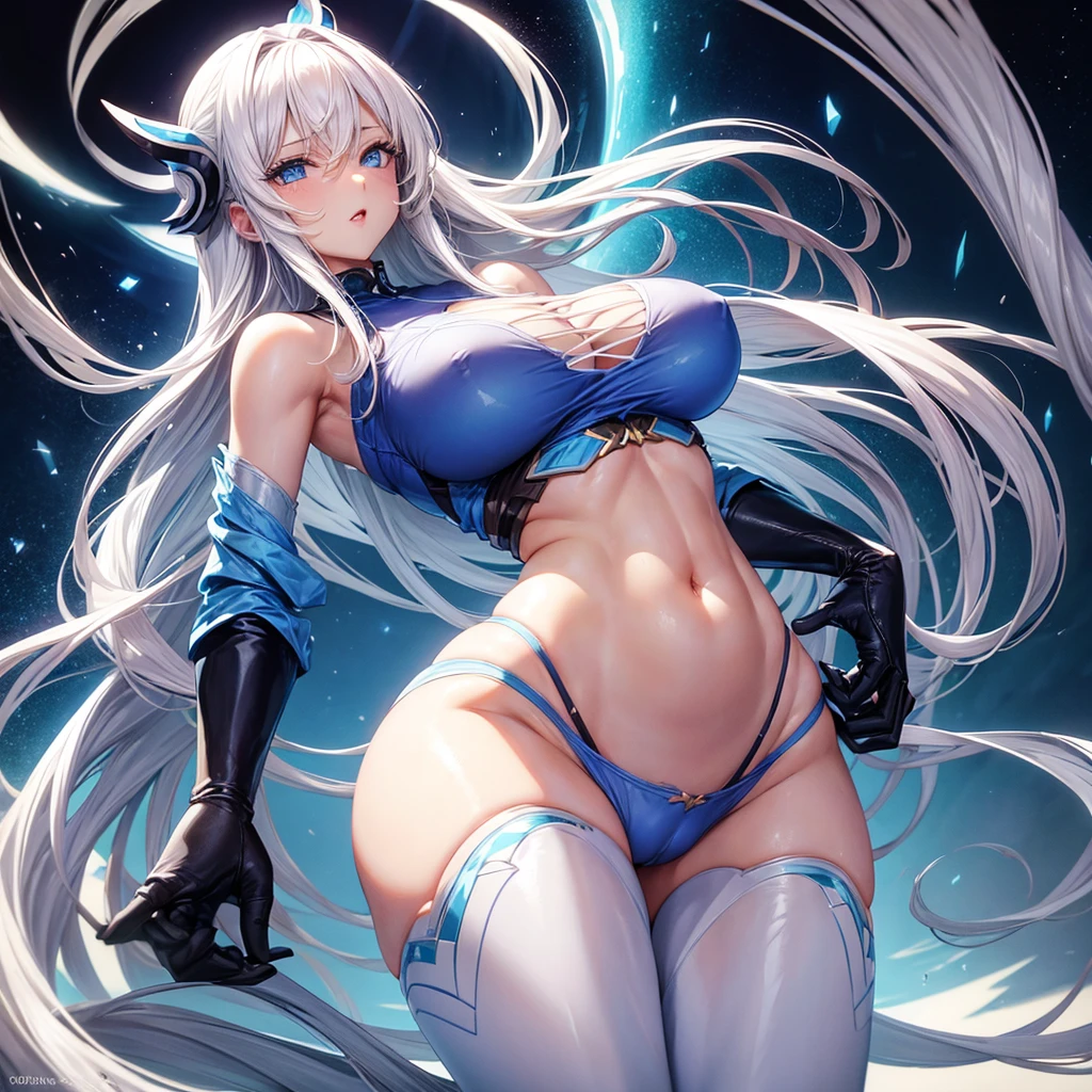 Sexy woman in tight clothes with long white hair, blue eyes and big belly