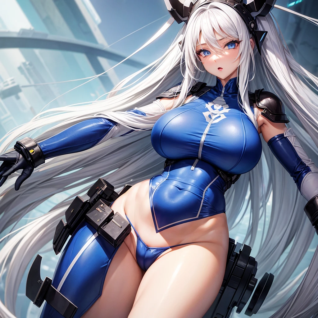 Sexy woman in tight clothes with long white hair, blue eyes and big belly
