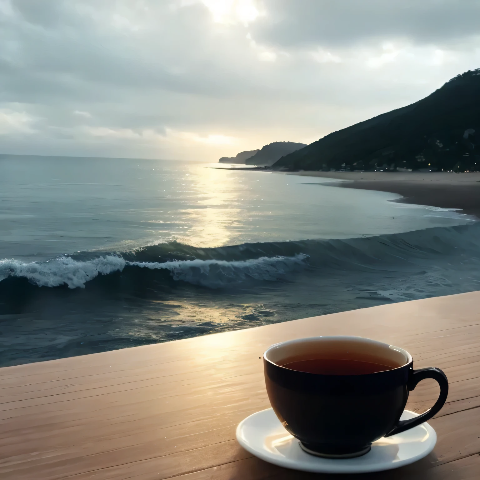 In the morning, a cup of tea is placed on the table, overlooking the sea. The table is made of high-quality wood and has a smooth surface. The cup is made of delicate porcelain and is filled with aromatic tea. The tea color is a rich golden brown, creating a warm and inviting atmosphere. The sea stretches out in front of the table, with waves gently crashing against the shore. The water sparkles under the morning sunlight, reflecting the vibrant colors of the sky. The sun is just beginning to rise, casting a soft, golden glow over the scene. The air is calm and serene, making it a perfect moment to enjoy the tranquility of the morning. The surrounding environment is peaceful, with the sound of seagulls echoing in the distance. The morning breeze carries a hint of saltiness from the sea, adding a refreshing touch to the atmosphere. The scene is captured from a bird's-eye view, allowing the viewer to fully appreciate the beauty of the ocean and the peacefulness of the moment. The overall quality of the image is of the highest standard, with exquisite details and precision. The colors are vivid and vibrant, creating a visually stunning composition. The lighting is soft and gentle, enhancing the natural beauty of the scene. The prompt also includes the enjoyment of a cup of tea, adding a sense of relaxation and tranquility to the overall atmosphere.