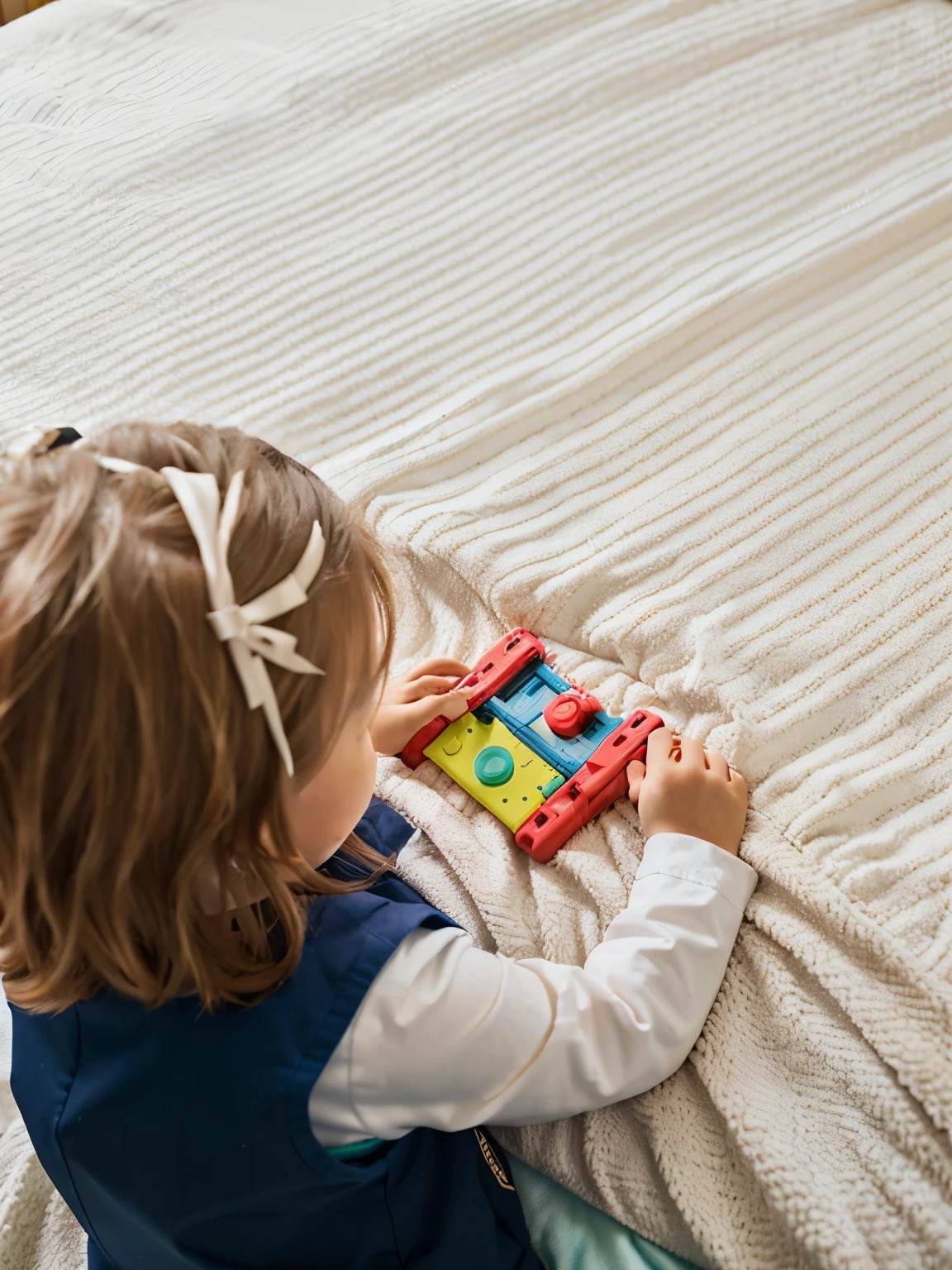 arafed toddler Play with a toy on a bed, 破损的Play具散落在各处,  looking, from reading to Play games, Play具商业照片, Half Image, Play games, Play具照片, Play, children, you can see in the picture, childrens toy, Middle close-up composition, Shot with Canon EOS R 6, Playful composition, young 