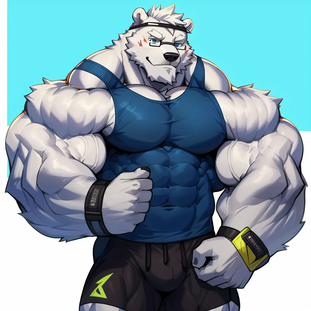 solo, 1boy, Huge Muscular Antarctic Polar Bear wearing glasses, huge white fur, pectoral, huge pectoral, wide pectoral, short white hair, blue colored short pants, blue colored wristbands and blue colored tank top, white bearded, white Mustache, white fur, simple background, masterpiece, high detailed, 8k, high resolution, at the gym, flexes huge muscles