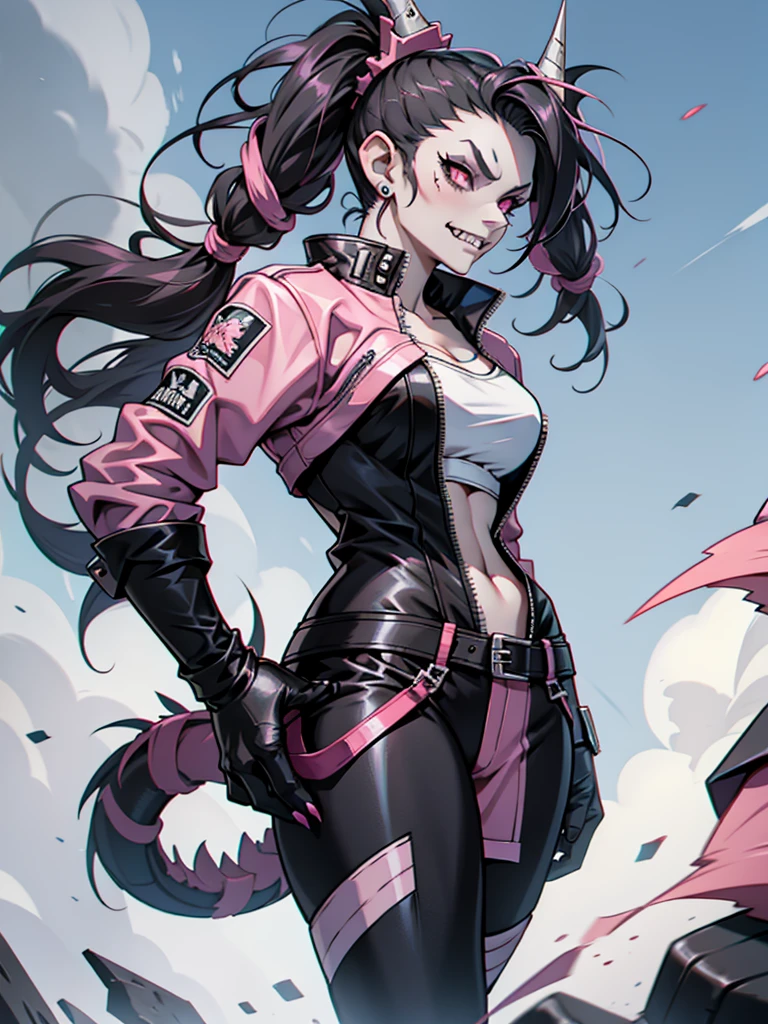 half dragon female with grey skin, with black hair pigtails style, with pink streaks, sharp teeth, biker outfit.