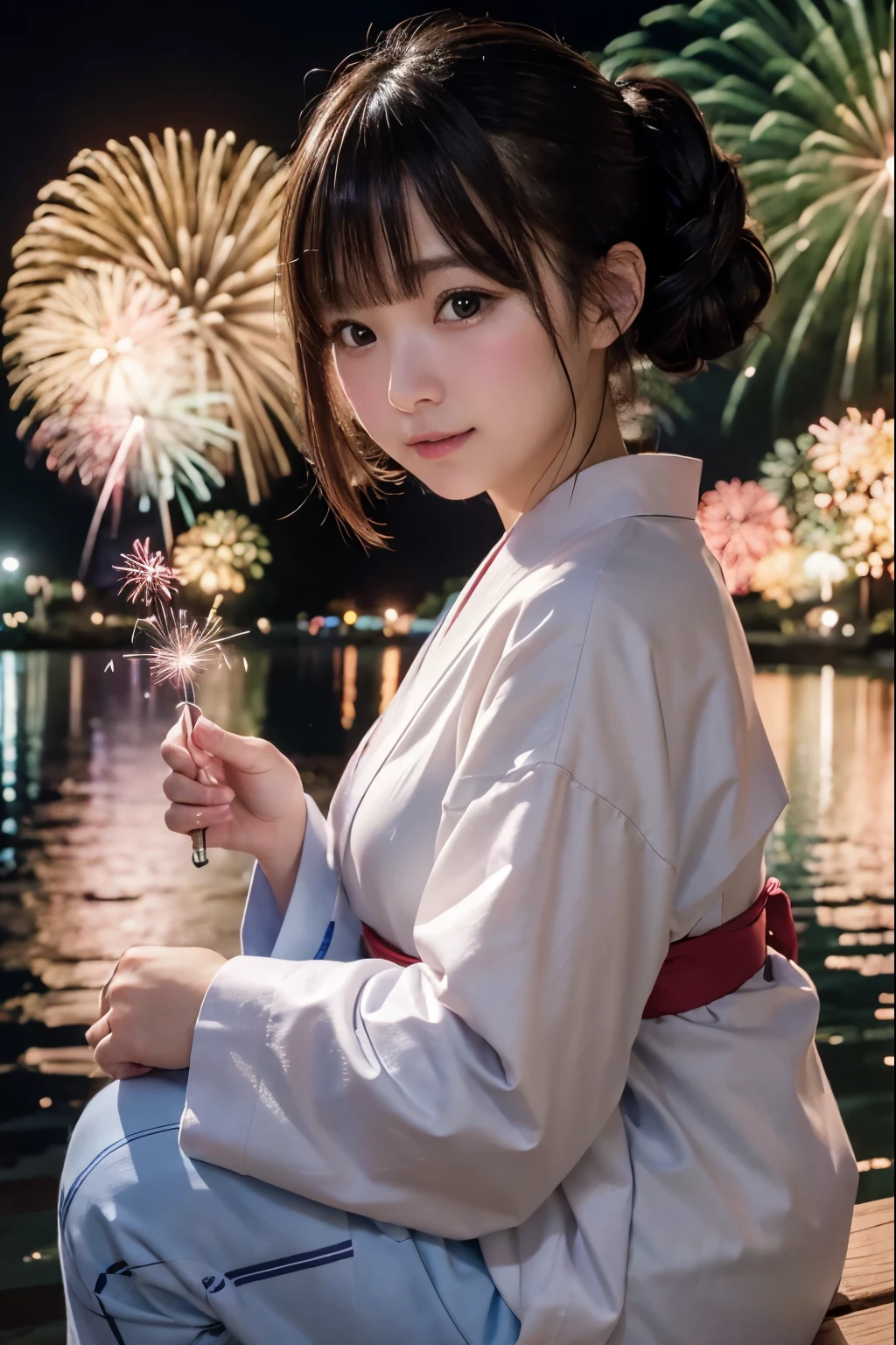 Perfectly Anatomically Correct:1.4, 5 Beautiful finger:1.4,
1 Japanese Girl, Very Short Hair Bun:1.2, Wide-Set Eyes, Very White Skinned, Blush, Bashfully, 18-Year-Old, Open Mouse Slightly,
Cute Eyes, Brown Hair, Cheerful, Big Laughing,
(Japanese Sparklers Within Reached Arm:1.2),
(Point Fireworks at Viewer:1.2),
Squatting:1.2, ((Pale-Blue Japanese Clothes, Yukata, Kimono)),
Non-Nipple:1.2,
Looking Down Viewer:1.2, from Side, from Below,
Riverside Park,
BREAK
8K, RAW Photo, Best Quality, Masterpiece, Realistic, PhotoRealistic, Extremely Detailed 8K Wallpaper, Beautifully Detailed Eyes, Finely Detailed Face, POV Shot,
BREAK
High-Key Lighting, Professional Lighting, Bokeh:1.6