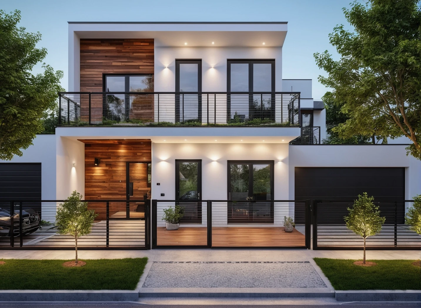 Raw photo, Masterpiece, high quality, best quality, realistic, super detailed, outdoor, modern house style on the street, white wall, wooden swing door, glass door, awning, car, metal fence black type, glass railings, roads, trees, night lights:1.1), vivid colors, (realistic:1.2),