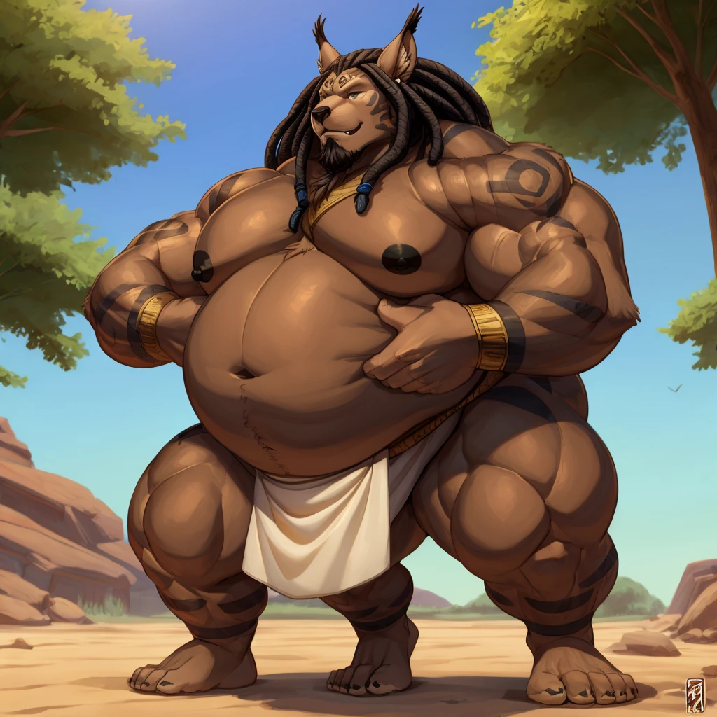 Obese sumo wrestler lean lynx, femboy, male, with flat chest, big black nipples, toned, nature background, plantigrade, long wild dreadlocks, white loincloth, african, dark skin, markings