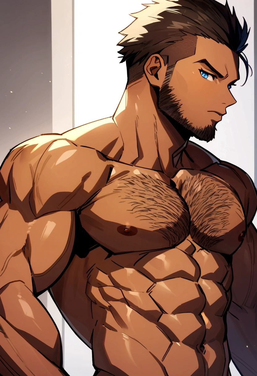 A 28 year old tanned skin guy. Has brown undercut stylish hair, blue eyes, debonair, naked with hairy toned chest and posing fiercely (half body)