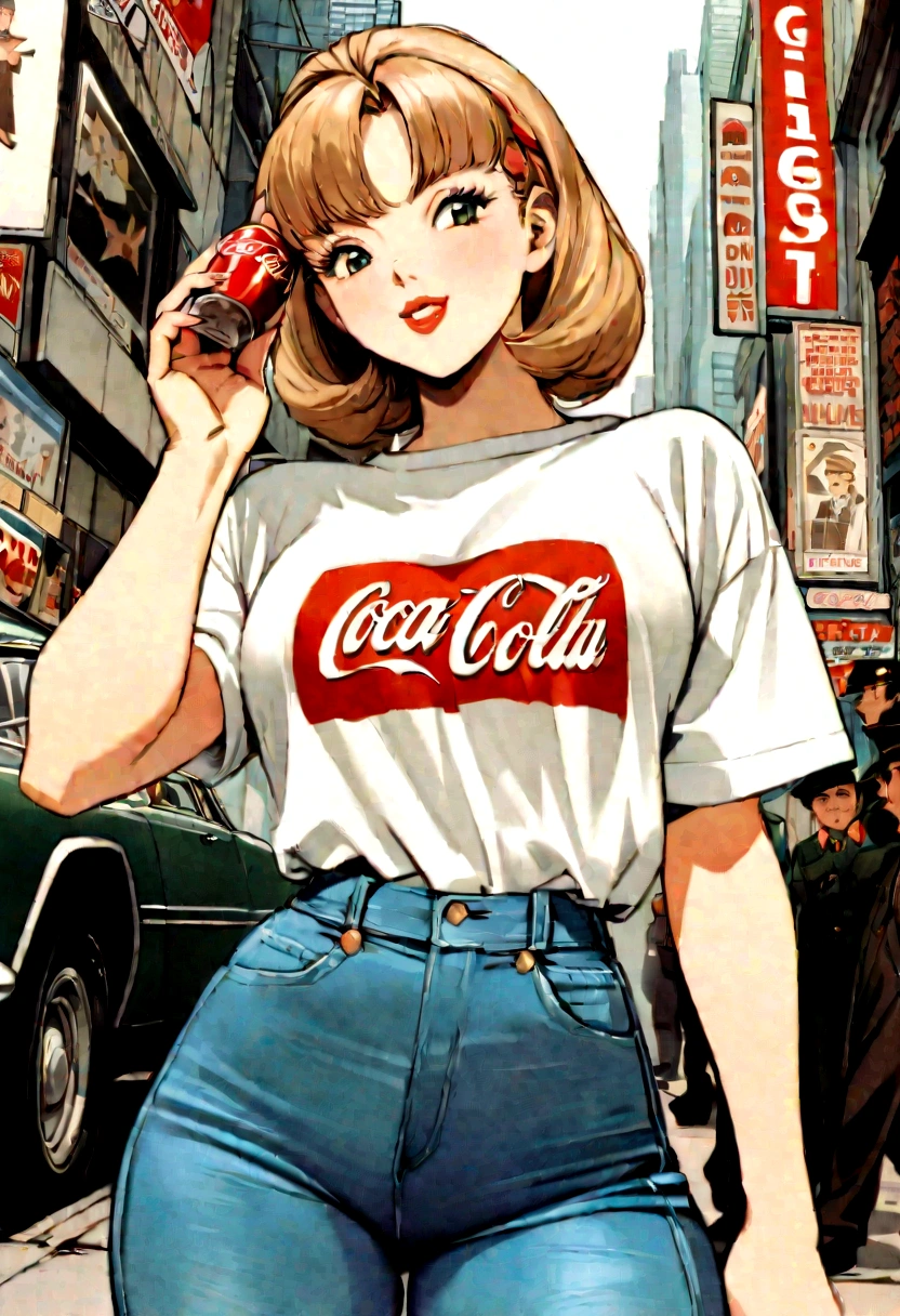 (vintage),(Retro),(Cartel), coca cola advertising with perfect girl, clothing oversized blue jeans and white t-shirt with open waist(sexy), military environment, Masterpiece, (tokyo city) (1990)