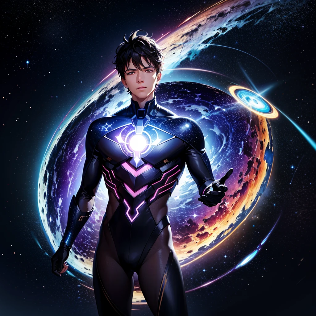 
Gabriel finds himself in a stunning cosmic setting amidst a vast galaxy. Around him, stars shine brightly in shades of blue, purple, and pink, creating a magnificent cosmic landscape. Colorful nebulae swirl in the distance, enveloping distant planets in clouds of cosmic gas and dust. The light from the stars reflects off Gabriel's energy wings, creating a striking contrast against the dark backdrop of space. In this expansive and celestial environment, Gabriel stands out as a powerful and celestial figure, ready to face any challenge the universe may present.

As for requesting in 8K quality, unfortunately, I can't directly request specific resolutions or qualities for imagery as I'm a text-based AI assistant. However, you can describe your requirements to a graphic designer or artist who can create high-resolution images based on this description.