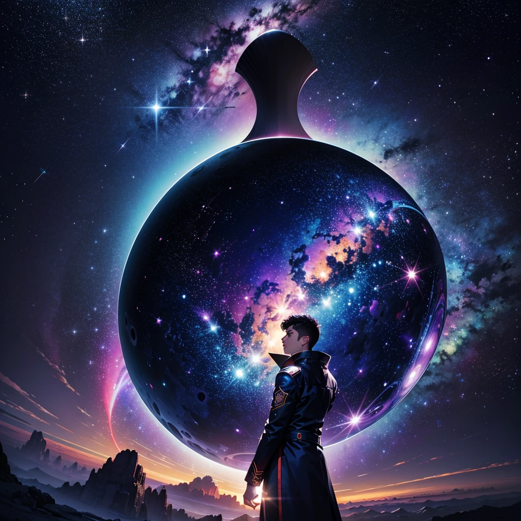 
Gabriel finds himself in a stunning cosmic setting amidst a vast galaxy. Around him, stars shine brightly in shades of blue, purple, and pink, creating a magnificent cosmic landscape. Colorful nebulae swirl in the distance, enveloping distant planets in clouds of cosmic gas and dust. The light from the stars reflects off Gabriel's energy wings, creating a striking contrast against the dark backdrop of space. In this expansive and celestial environment, Gabriel stands out as a powerful and celestial figure, ready to face any challenge the universe may present.

As for requesting in 8K quality, unfortunately, I can't directly request specific resolutions or qualities for imagery as I'm a text-based AI assistant. However, you can describe your requirements to a graphic designer or artist who can create high-resolution images based on this description.