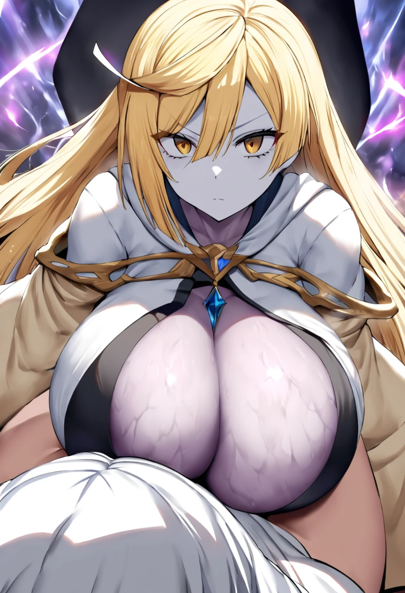 ( Girl, pov, hetero, ), (detailed breast skin texture, ultra enormous gigantic breast expansion, ), (yuuki setsuna), (belko style), a robe the color of the sun, a cold gaze that chilled the soul, a figure so imposing that any creature would be under its shadow, golden eyes with a violet aura, a white suit with black trim that contrasted with her golden eyes with a touch of purple in her iris, the strongest sorceress in history, a woman with blonde hair, pale porcelain skin, indifferent, arrogant gaze, emotionless expression, 