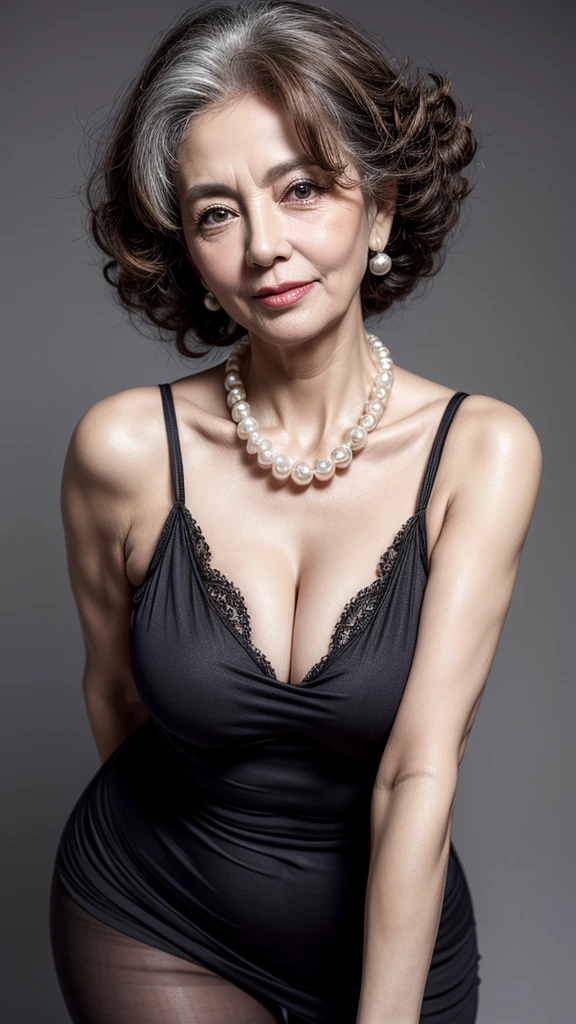 Beautiful elderly woman, cute,sexy,55 years old,,sexy,Wear a pearl necklace, old woman,Big saggy  Breasts, pulling shoulder straps down, Curly Hair, plain grey background