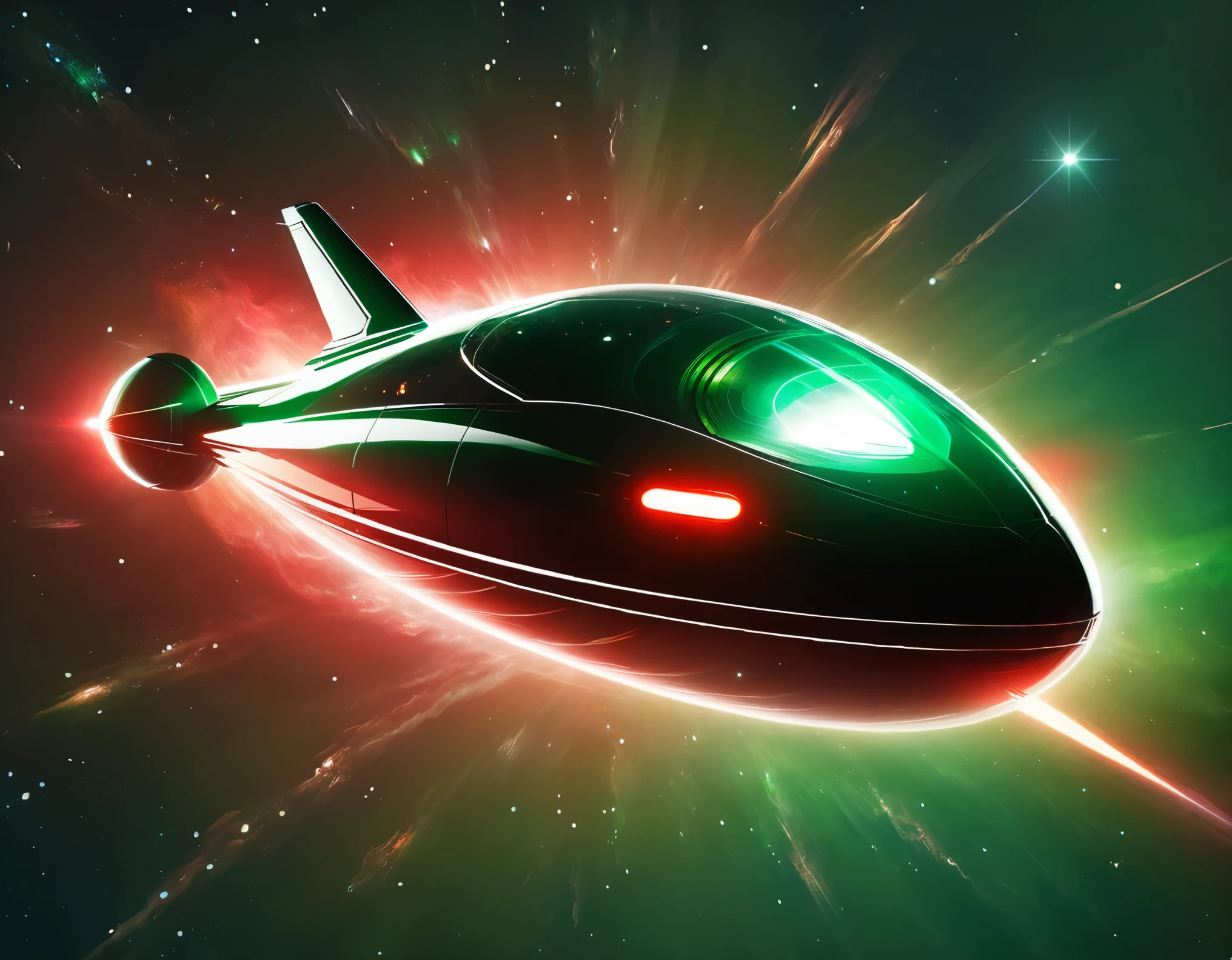 An advanced starship traveling through space, set against a gradient sky of dark green to red with tiny stars. The ship’s sleek design includes a prominent circular front, elongated body, and nacelles, with a metallic finish and bright lights accentuating its futuristic look.