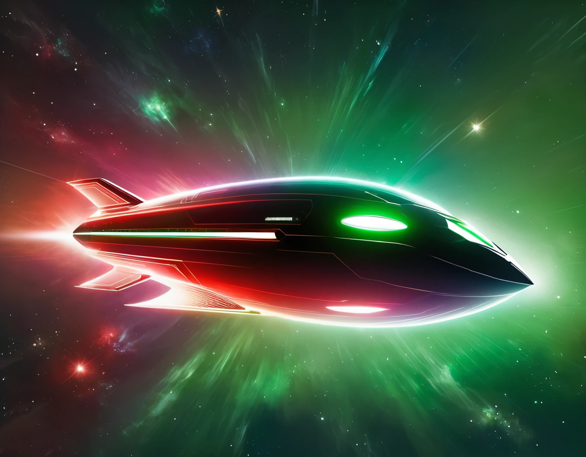 An advanced starship traveling through space, set against a gradient sky of dark green to red with tiny stars. The ship’s sleek design includes a prominent circular front, elongated body, and nacelles, with a metallic finish and bright lights accentuating its futuristic look.