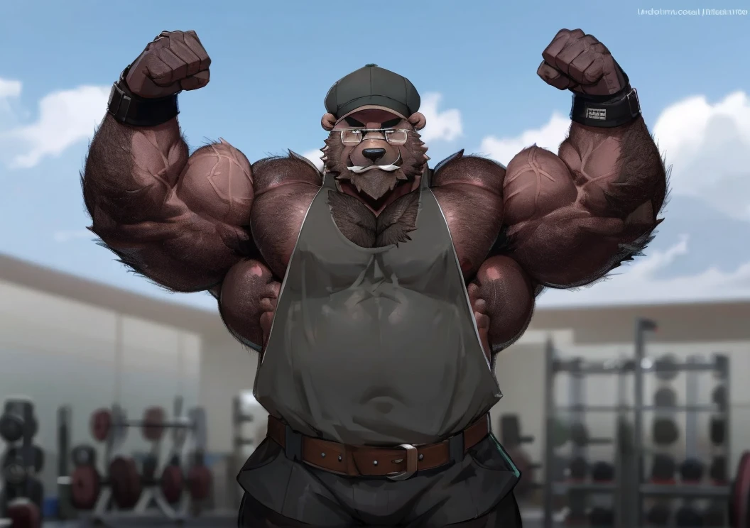 solo, 1boy, Huge Middle aged Muscular Old Grizzly Bear Daddy wearing glasses, hat, pectoral, huge pectoral, wide pectoral, short pants black wristbands gloves and tank top, waistbelt, bearded, Mustache, gym background, frontside, masterpiece, high detailed, 8k, high resolution, at the gym working out his chests, flexing his biceps