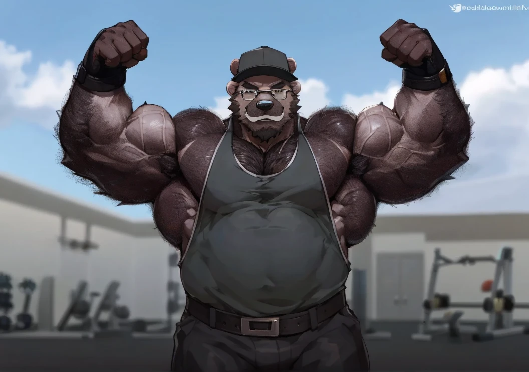solo, 1boy, Huge Middle aged Muscular Old Grizzly Bear Daddy wearing glasses, hat, pectoral, huge pectoral, wide pectoral, short pants black wristbands gloves and tank top, waistbelt, bearded, Mustache, gym background, frontside, masterpiece, high detailed, 8k, high resolution, at the gym working out his chests, flexing his biceps